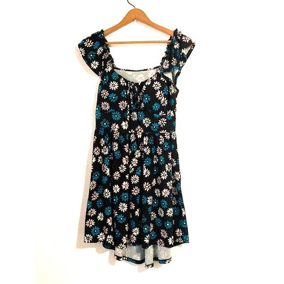 Black and Blue FLORAL High-Low Dress - Flutter Sleeve Dress - Picture 3 of 13